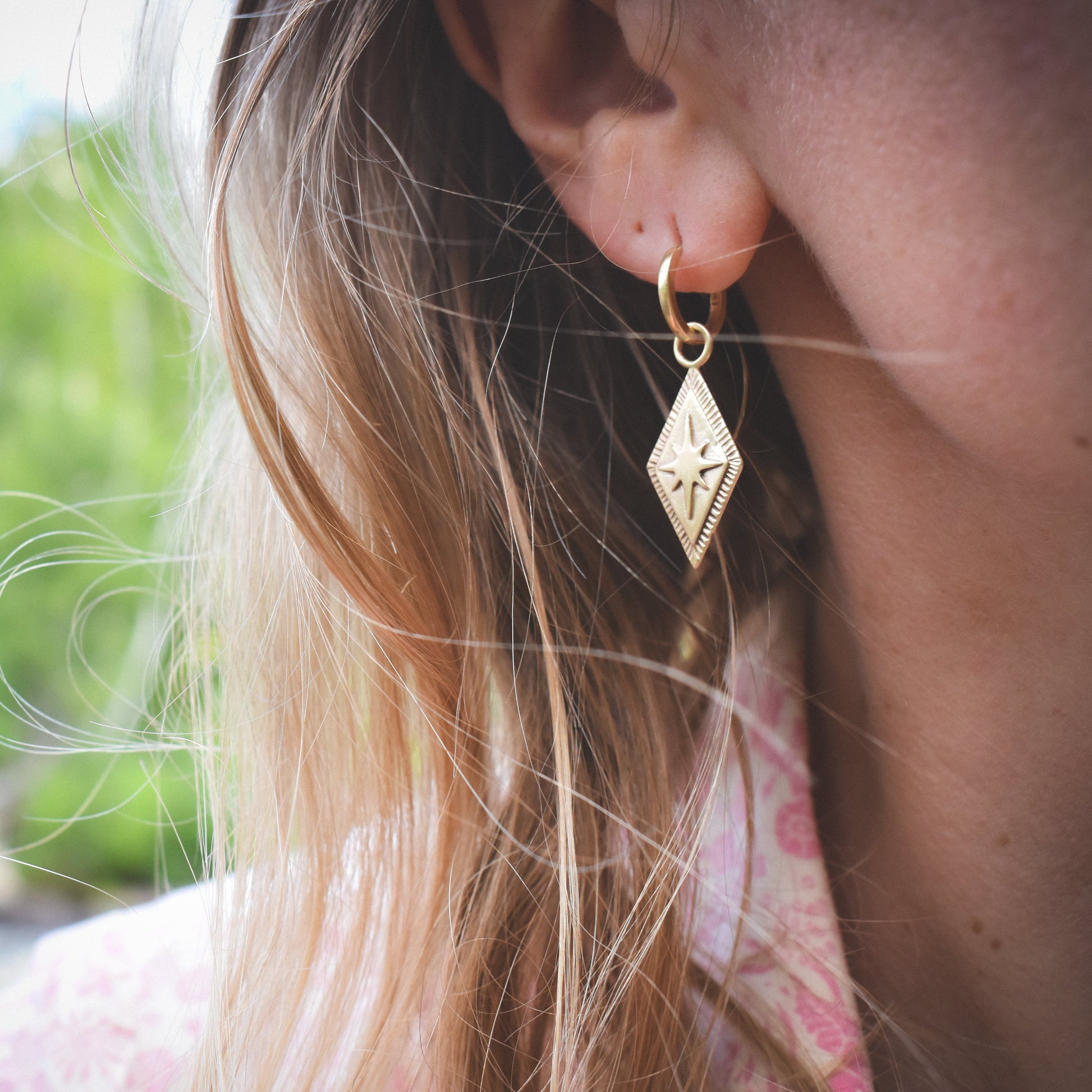 North Star Earrings, North Star Hoop Charms, North Star Dangle earrings, ethical jewelry, ethical bridal jewelry, sustainably sourced, known origin, recycled gold, nature inspired jewelry, celestial jewelry