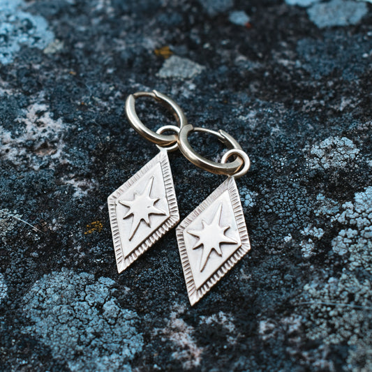 North Star Earrings, North Star Hoop Charms, North Star Dangle earrings, ethical jewelry, ethical bridal jewelry, sustainably sourced, known origin, recycled gold, nature inspired jewelry, celestial jewelry