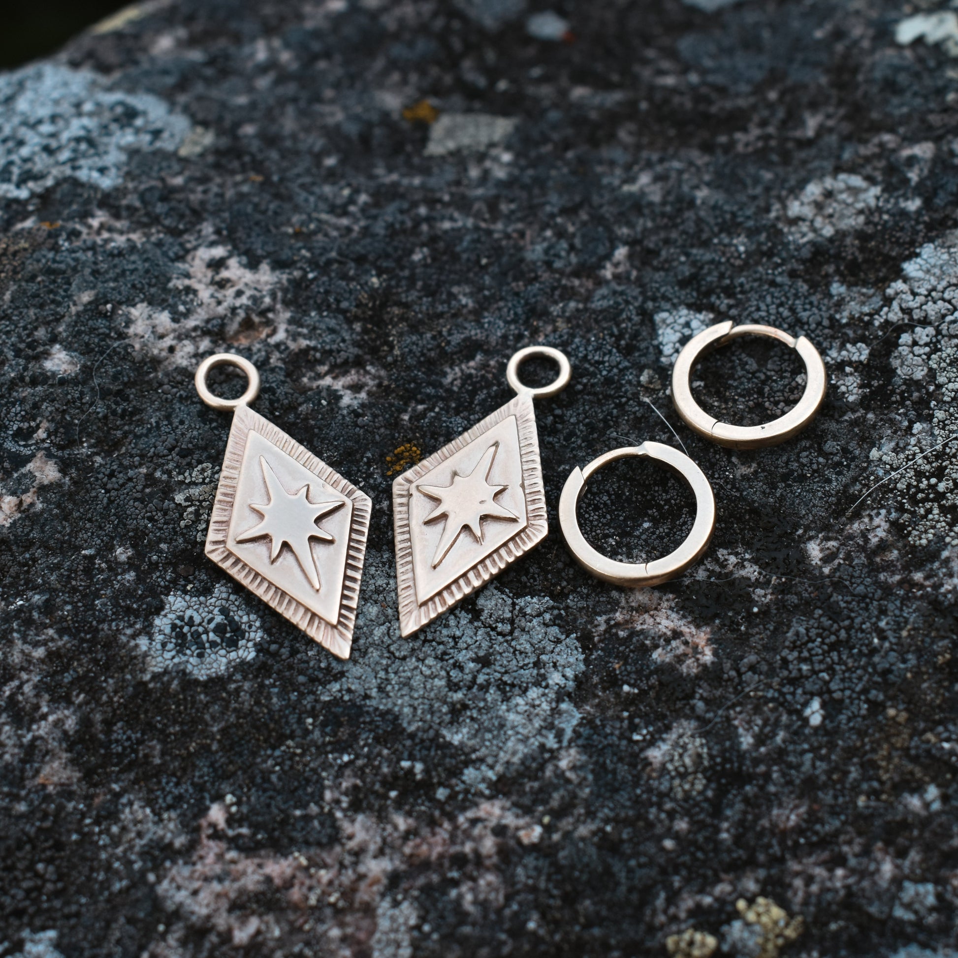 North Star Earrings, North Star Hoop Charms, North Star Dangle earrings, ethical jewelry, ethical bridal jewelry, sustainably sourced, known origin, recycled gold, nature inspired jewelry, celestial jewelry, star hoops, huggie hoops