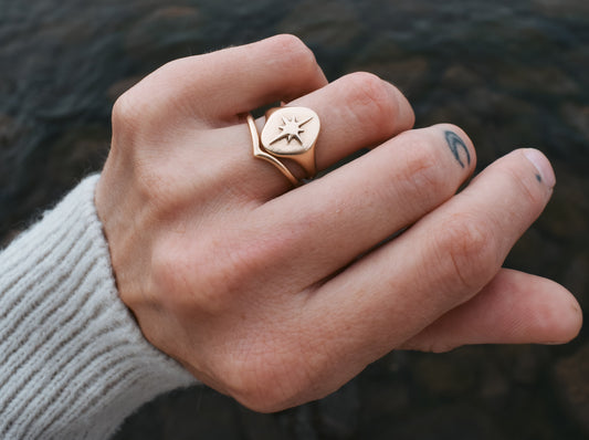 North Star signet ring, ethical jewelry, ethical bridal jewelry, sustainably sourced, known origin, recycled gold, nature inspired jewelry, celestial jewelry