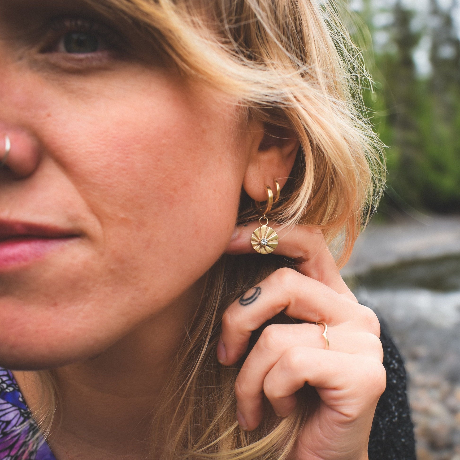 gold hoops, huggie hoops, gold huggies,ethical jewelry, ethical bridal jewelry, sustainably sourced, known origin, recycled gold, sun earrings, dangle earrings, celestial jewelry