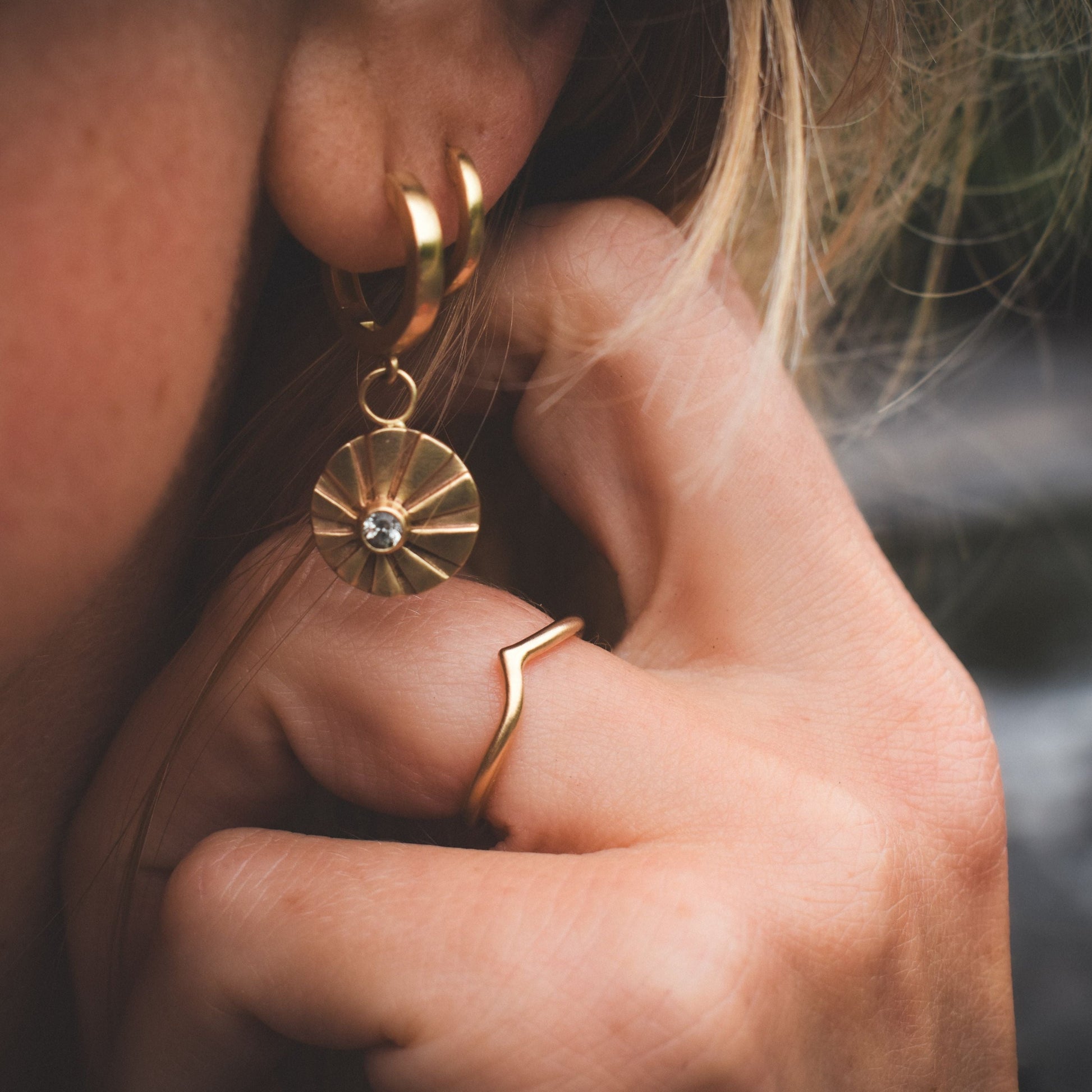gold hoops, huggie hoops, gold huggies,ethical jewelry, ethical bridal jewelry, sustainably sourced, known origin, recycled gold, sun earrings, dangle earrings, celestial jewelry