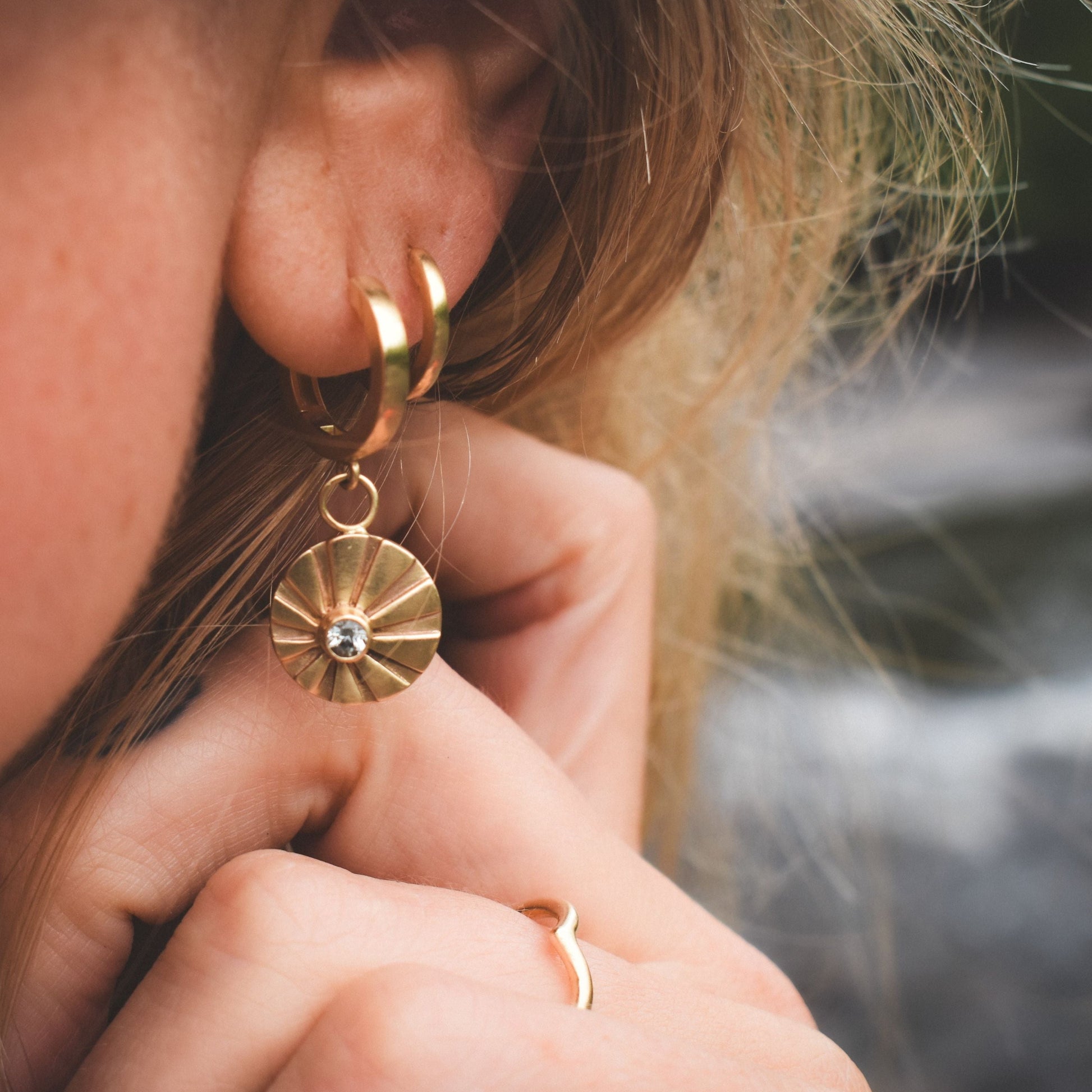 gold hoops, huggie hoops, gold huggies,ethical jewelry, ethical bridal jewelry, sustainably sourced, known origin, recycled gold, sun earrings, dangle earrings, celestial jewelry