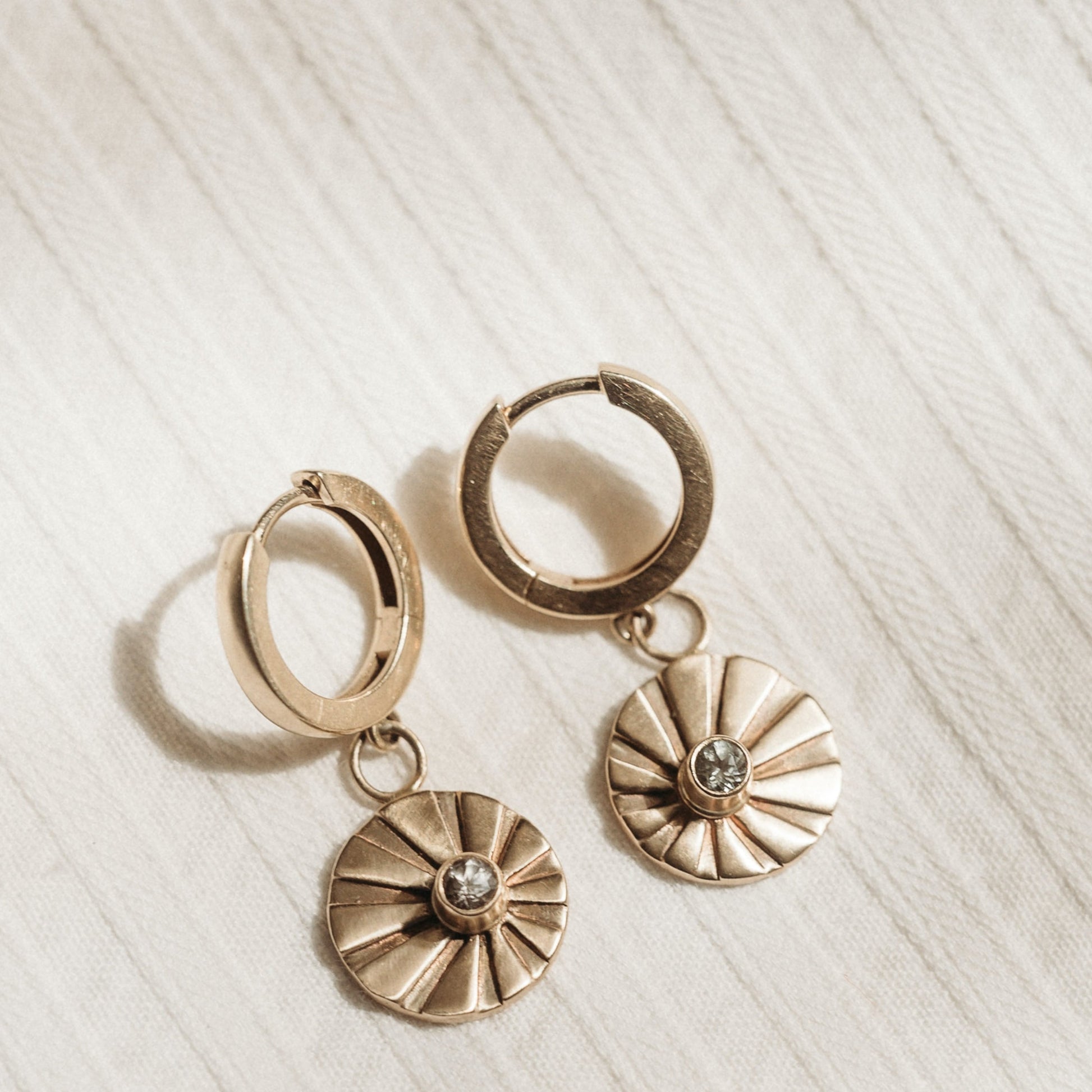 gold hoops, huggie hoops, gold huggies,ethical jewelry, ethical bridal jewelry, sustainably sourced, known origin, recycled gold, sun earrings, dangle earrings, celestial jewelry