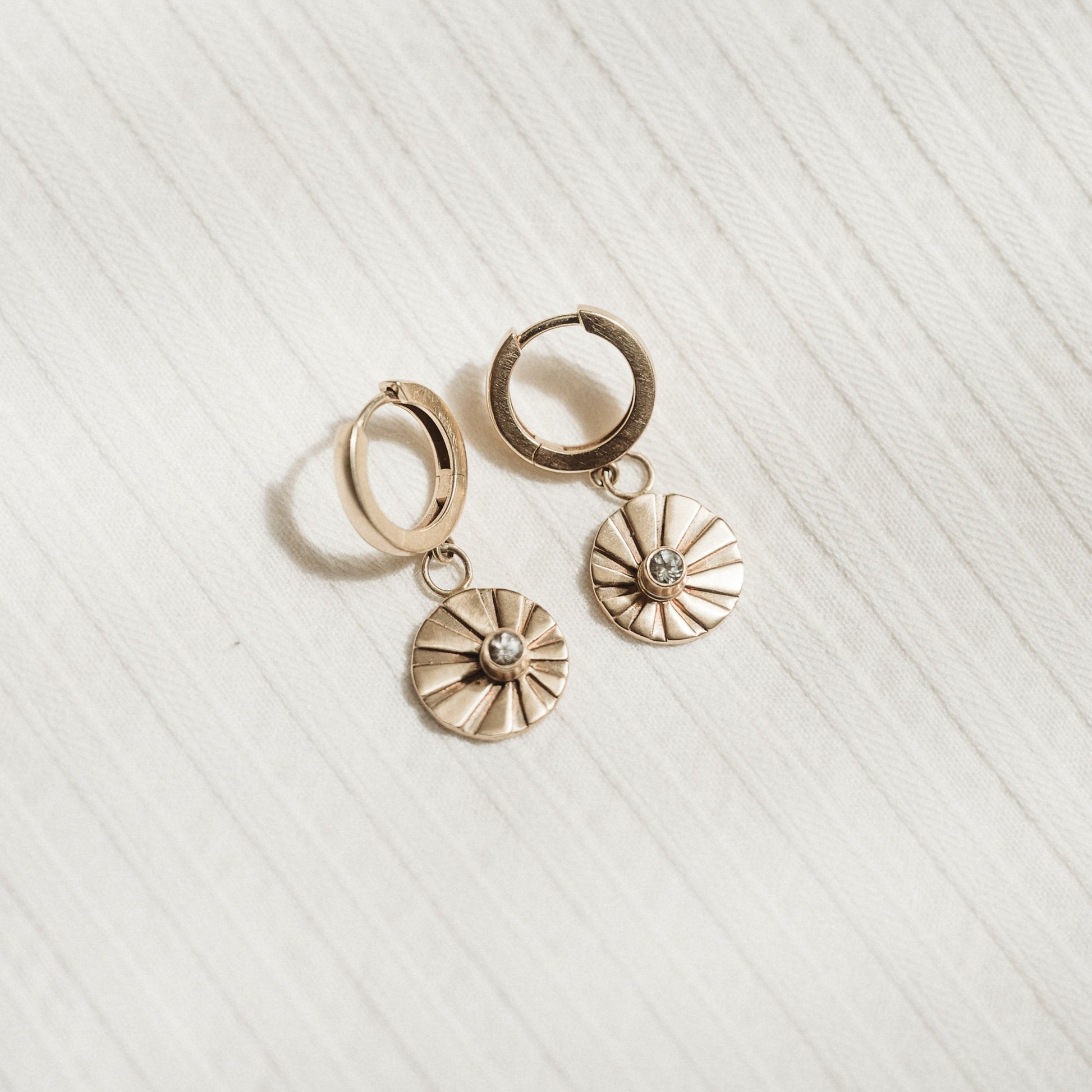 gold hoops, huggie hoops, gold huggies,ethical jewelry, ethical bridal jewelry, sustainably sourced, known origin, recycled gold, sun earrings, dangle earrings, celestial jewelry