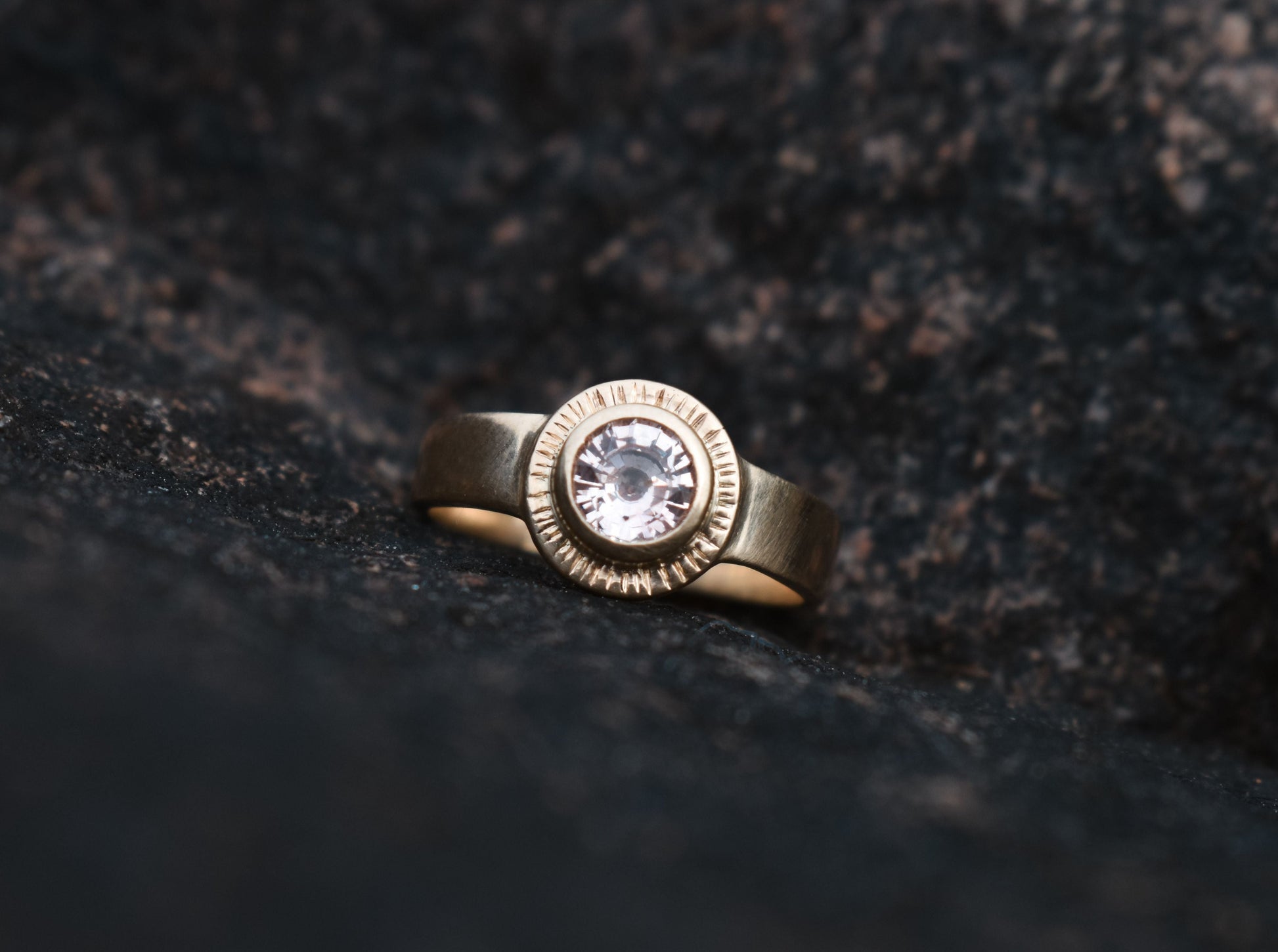 Sol Ring, pink sapphire solitaire, padparadscha sapphire ring, sun ring, celestial ring, ethical jewelry, ethical bridal jewelry, sustainably sourced known origin, recycled gold, nature, inspired jewelry, ethical sapphires, natural sapphires