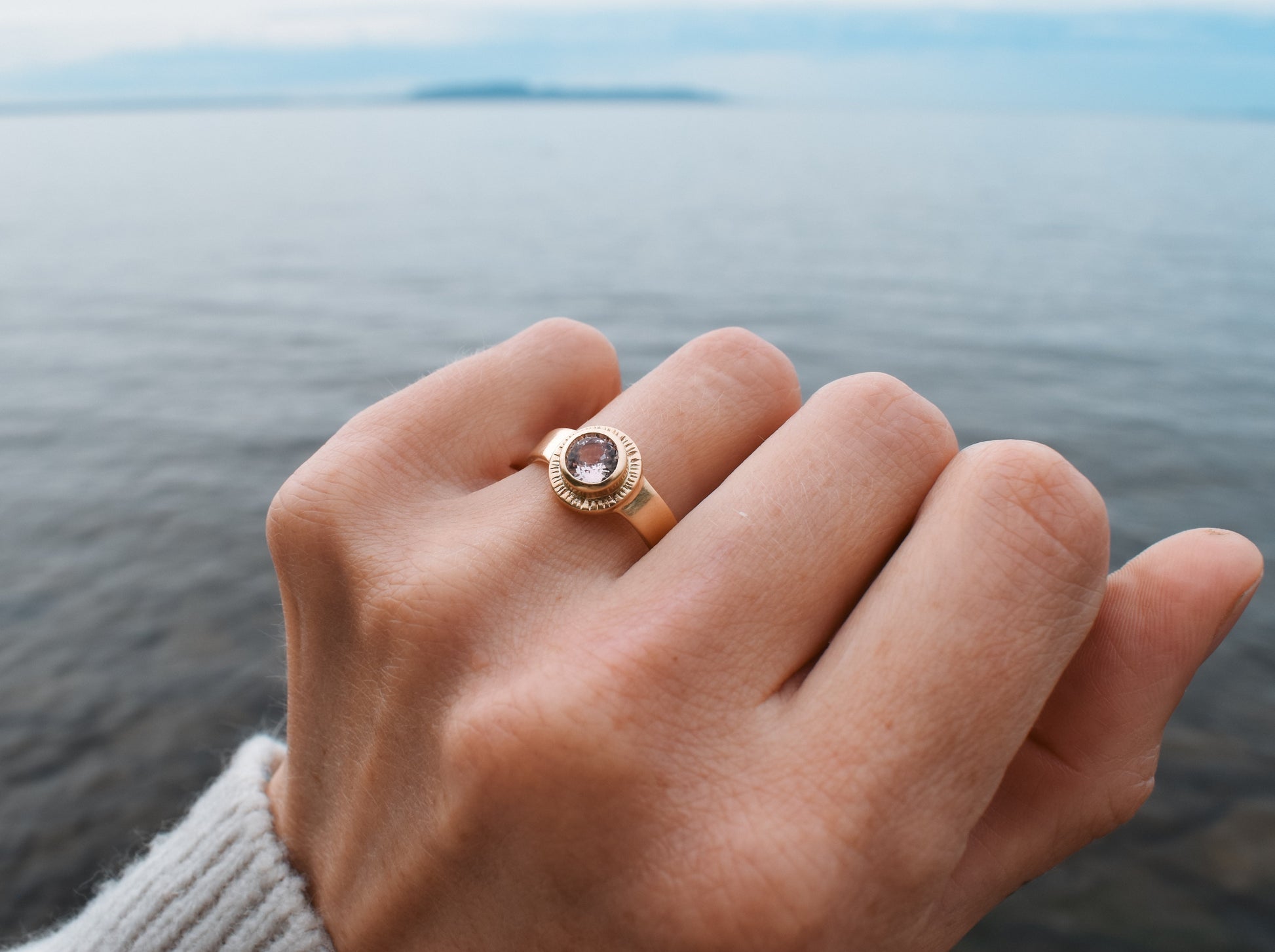 Sol Ring, pink sapphire solitaire, padparadscha sapphire ring, sun ring, celestial ring, ethical jewelry, ethical bridal jewelry, sustainably sourced known origin, recycled gold, nature, inspired jewelry, ethical sapphires, natural sapphires