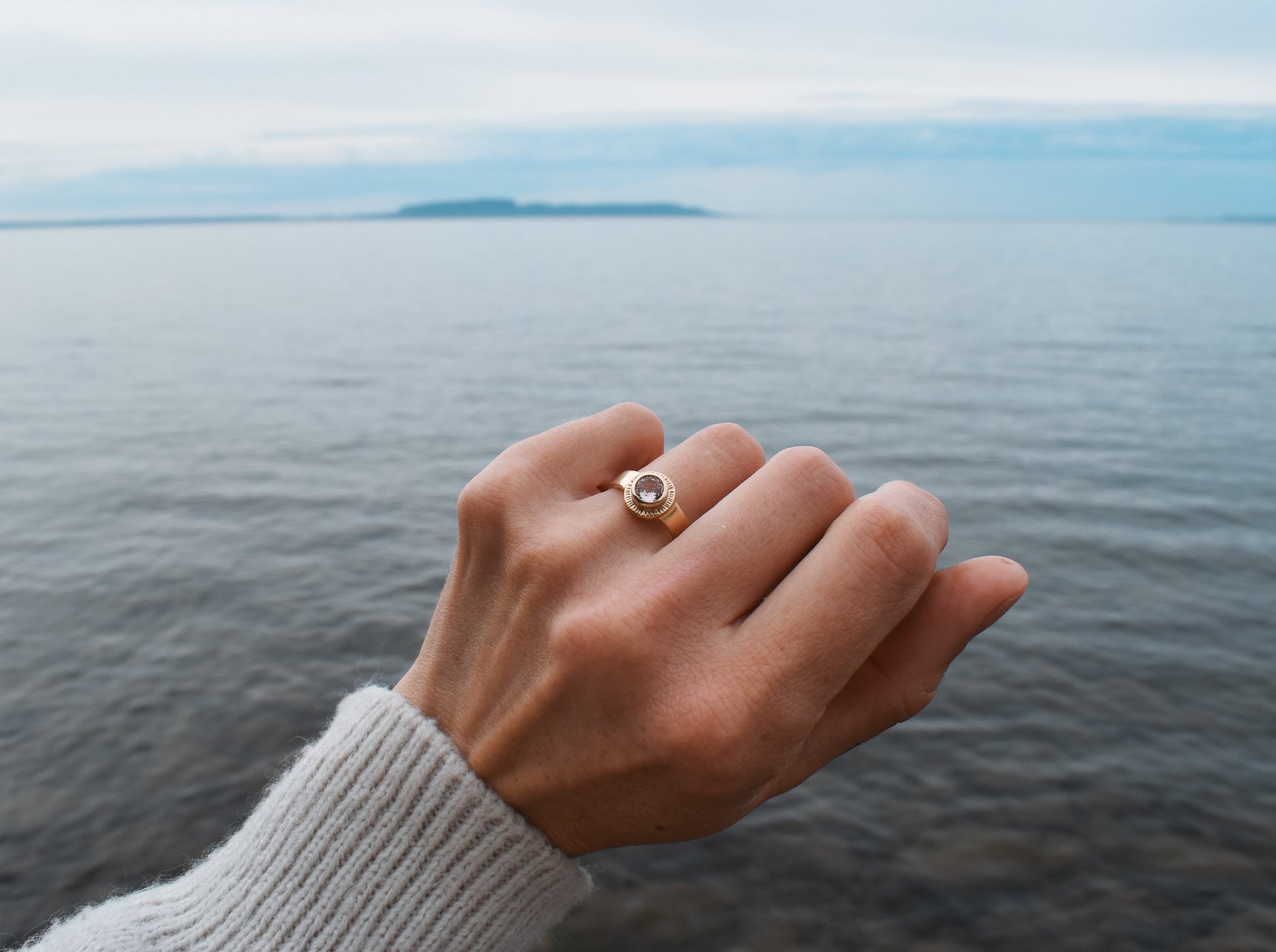 Sol Ring, pink sapphire solitaire, padparadscha sapphire ring, sun ring, celestial ring, ethical jewelry, ethical bridal jewelry, sustainably sourced known origin, recycled gold, nature, inspired jewelry, ethical sapphires, natural sapphires