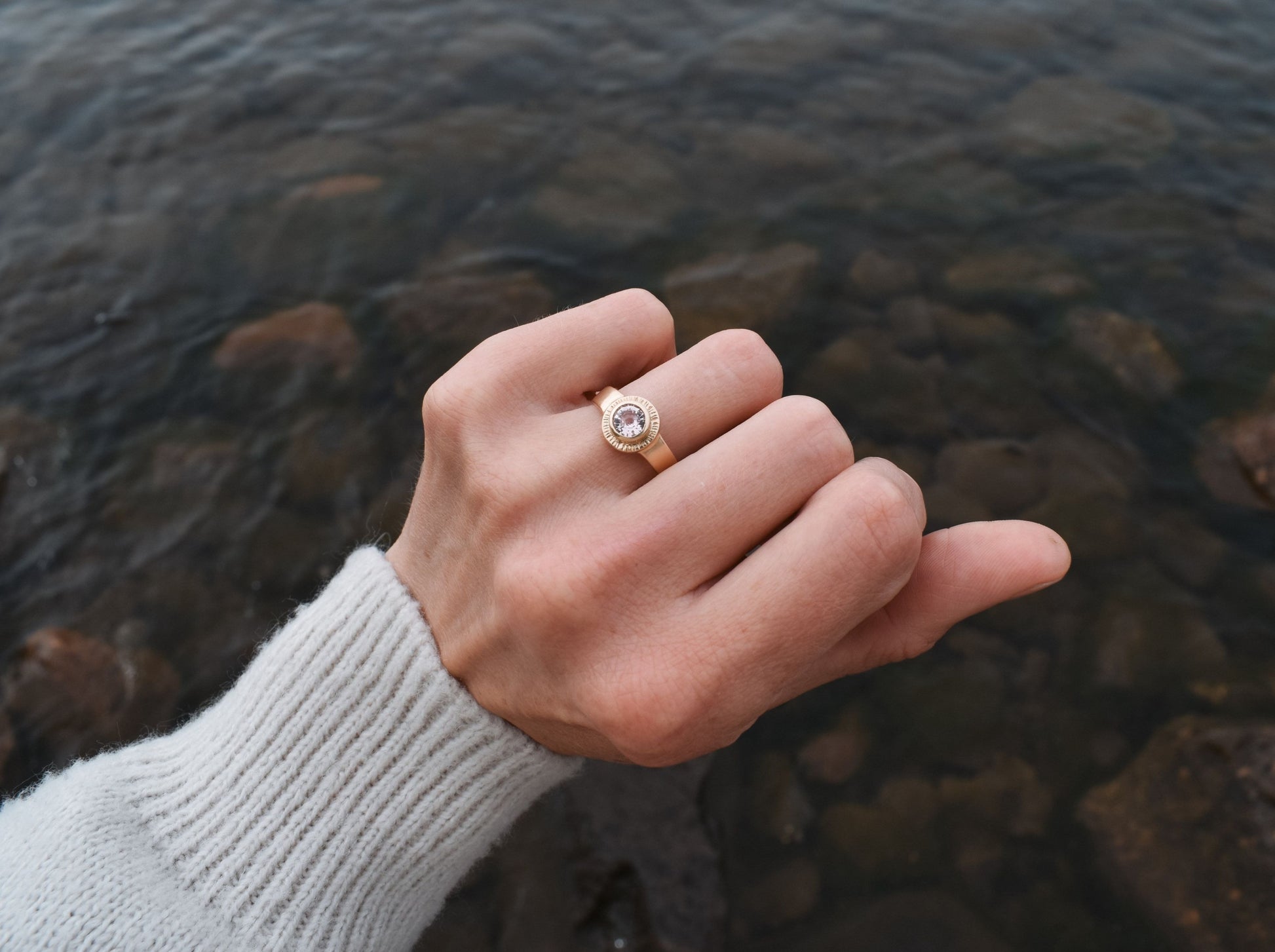 Sol Ring, pink sapphire solitaire, padparadscha sapphire ring, sun ring, celestial ring, ethical jewelry, ethical bridal jewelry, sustainably sourced known origin, recycled gold, nature, inspired jewelry, ethical sapphires, natural sapphires