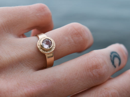 Sol Ring, pink sapphire solitaire, padparadscha sapphire ring, sun ring, celestial ring,  ethical jewelry, ethical bridal jewelry, sustainably sourced  known origin, recycled gold, nature, inspired jewelry, ethical sapphires, natural sapphires