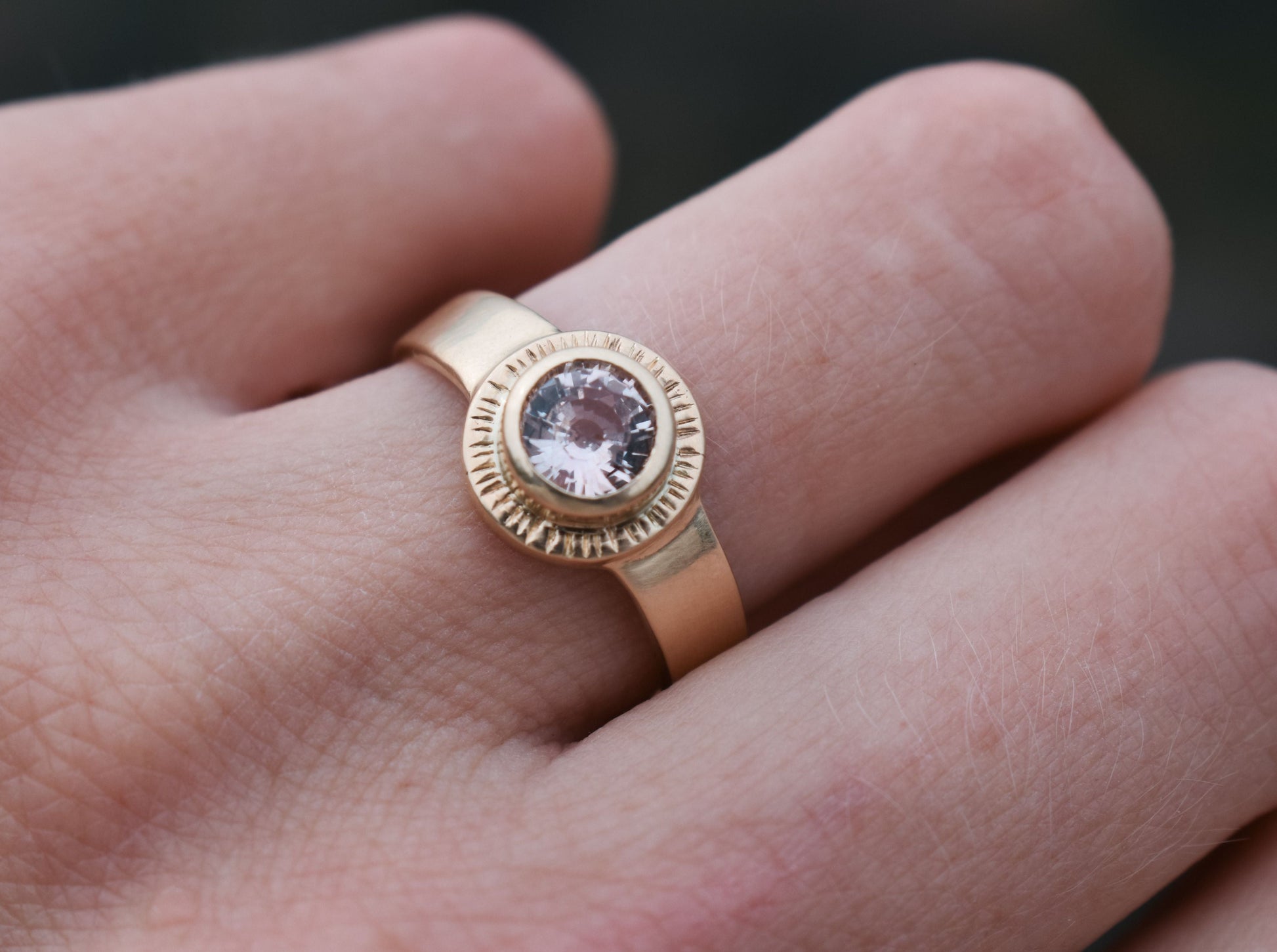 Sol Ring, pink sapphire solitaire, padparadscha sapphire ring, sun ring, celestial ring, ethical jewelry, ethical bridal jewelry, sustainably sourced known origin, recycled gold, nature, inspired jewelry, ethical sapphires, natural sapphires