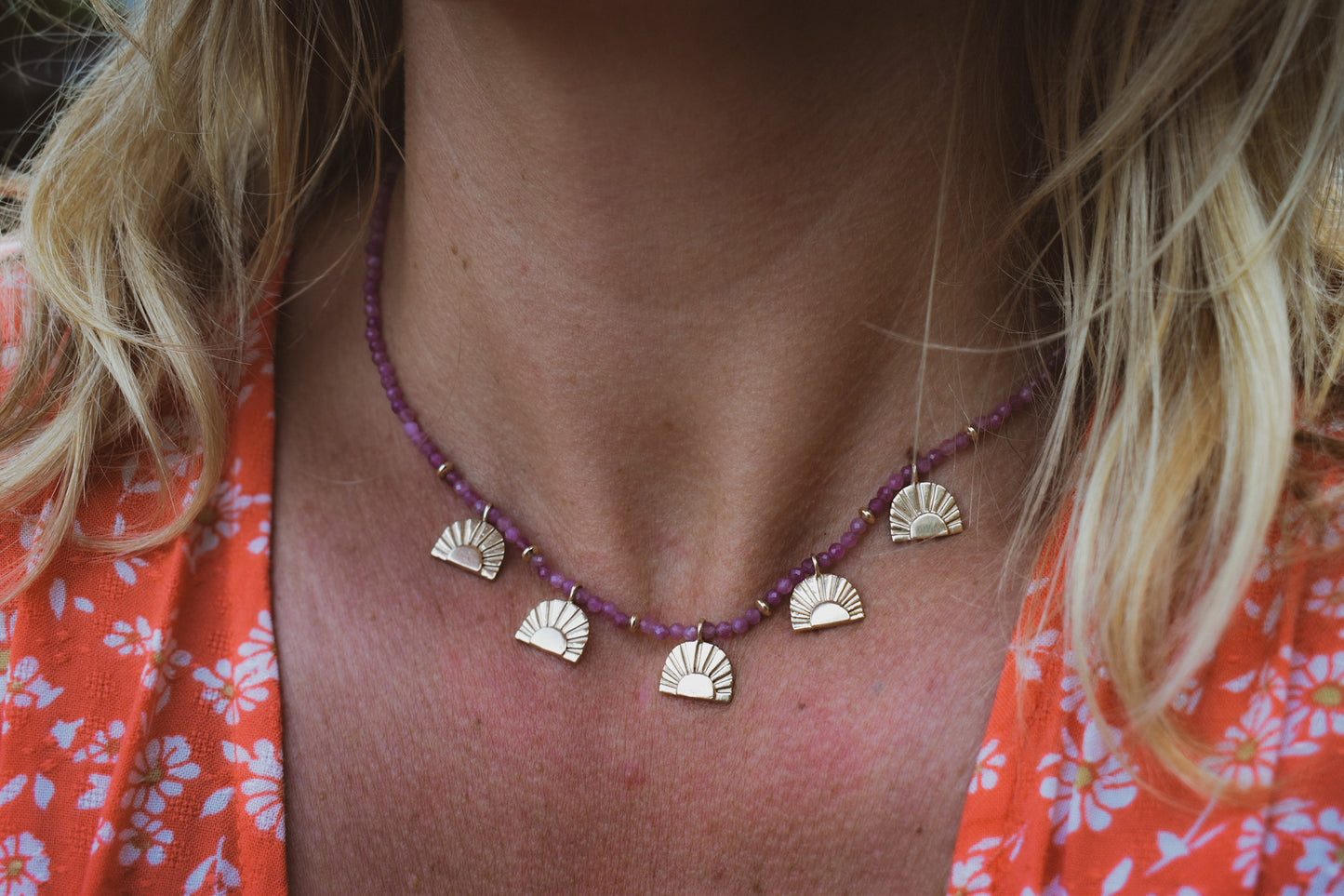 Symbolic Strands Necklace 5 - 14k Sunrise Amulets & Pink Tourmaline