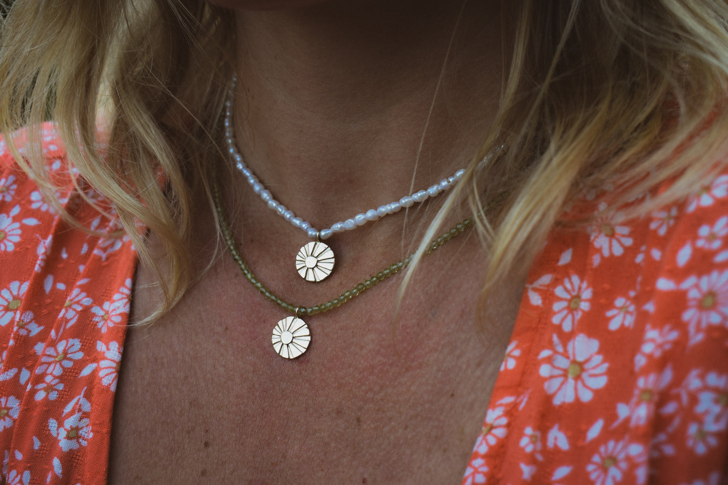 Symbolic Strands Necklace 2 - 14k Sunburst & Natural Freshwater Rice Pearls