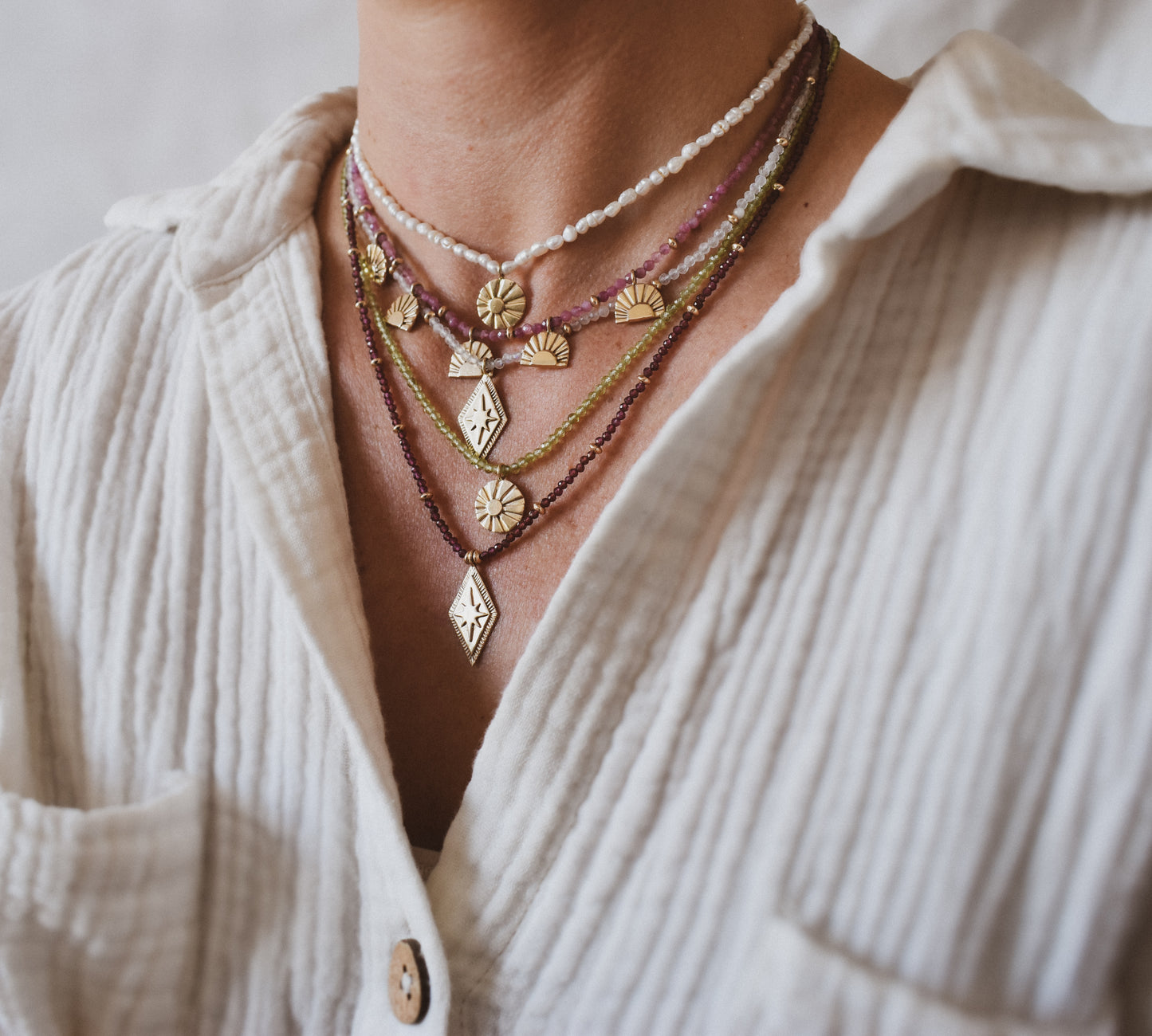 Symbolic Strands Necklace 2 - 14k Sunburst & Natural Freshwater Rice Pearls