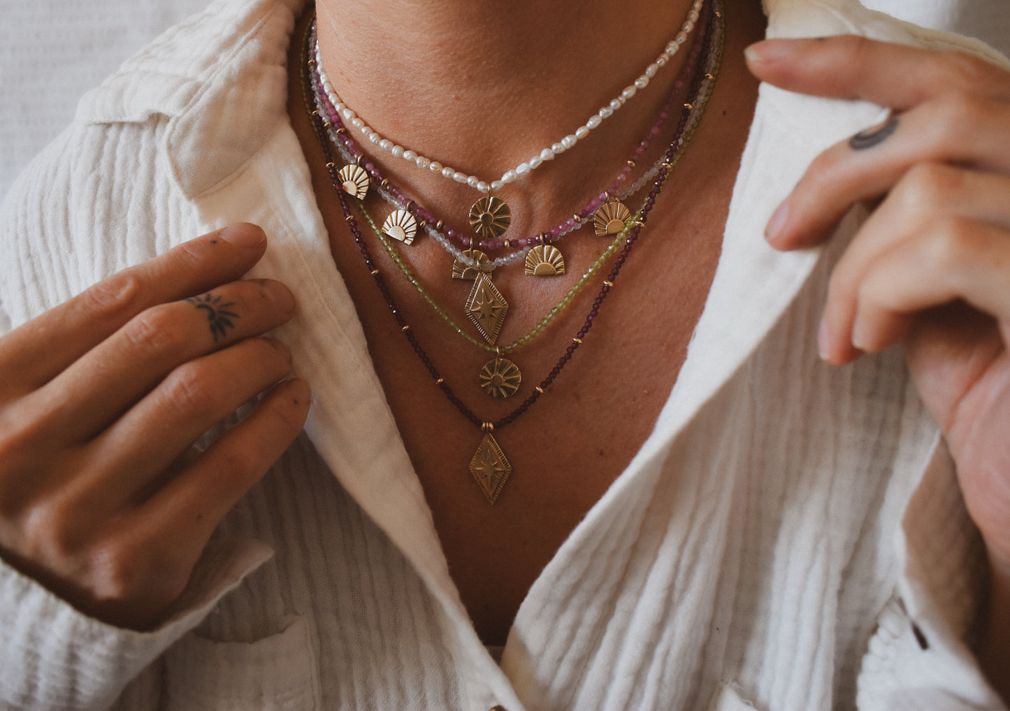 Symbolic Strands Necklace 2 - 14k Sunburst & Natural Freshwater Rice Pearls