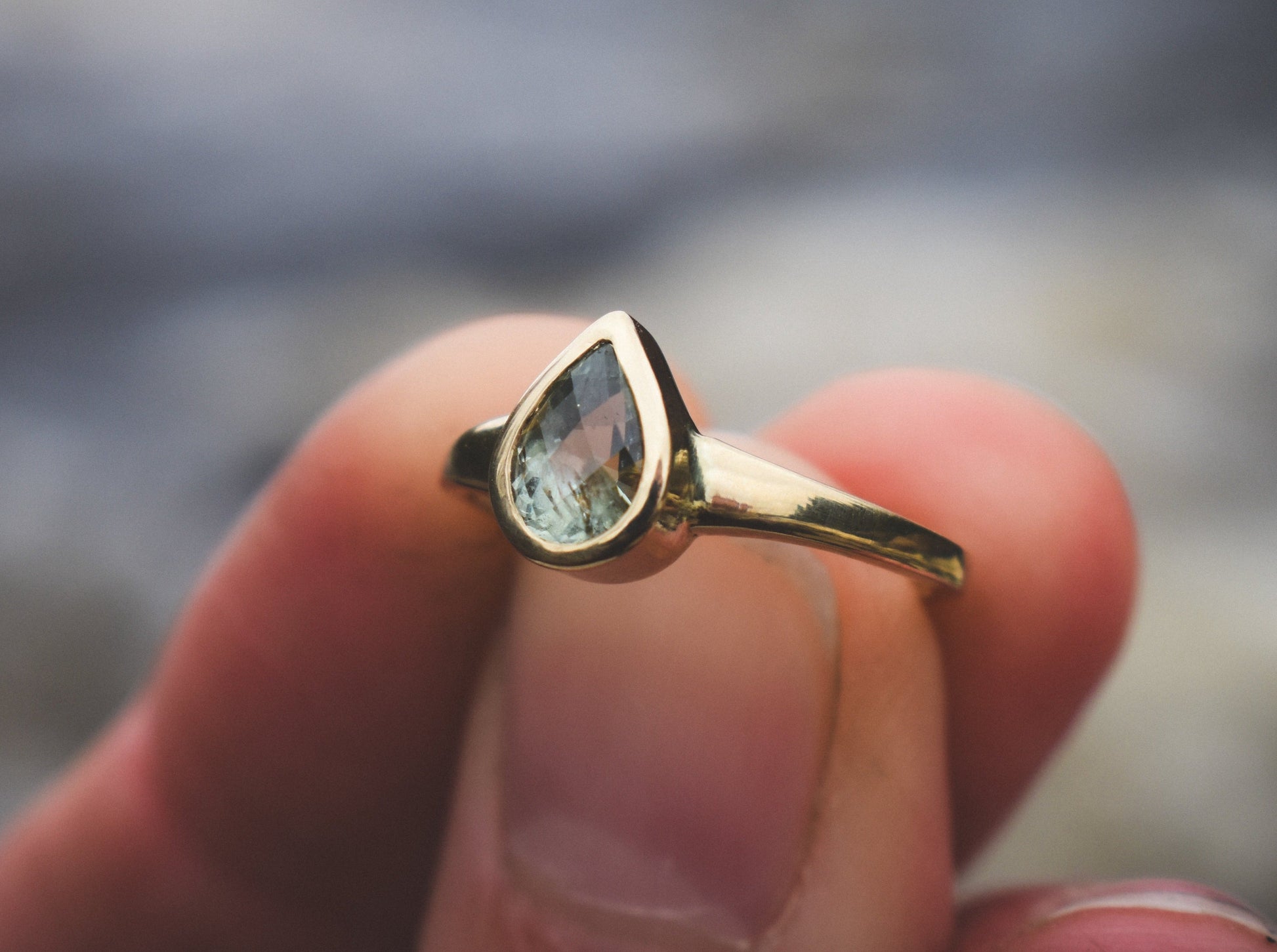 Green pear Montana sapphire engagement ring sapphire solitaire ring ethical bridal jewelry sustainably sourced  known origin recycled gold nature inspired jewelry ethical sapphires natural sapphires