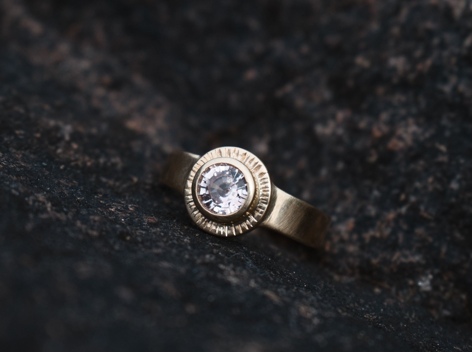 Sol Ring, pink sapphire solitaire, padparadscha sapphire ring, sun ring, celestial ring, ethical jewelry, ethical bridal jewelry, sustainably sourced known origin, recycled gold, nature, inspired jewelry, ethical sapphires, natural sapphires