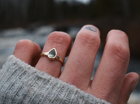 Green pear Montana sapphire engagement ring sapphire solitaire ring ethical bridal jewelry sustainably sourced  known origin recycled gold nature inspired jewelry ethical sapphires natural sapphires