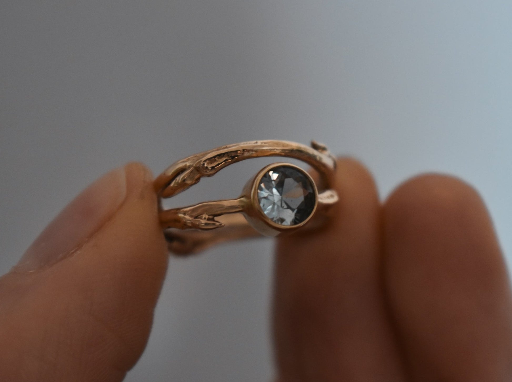 Persephone Aspen twig ring with Montana sapphire, blue sapphire solitaire, twig ring, ethical jewelry ethical bridal jewelry sustainably sourced known origin recycled gold nature inspired jewelry ethical sapphires natural sapphires