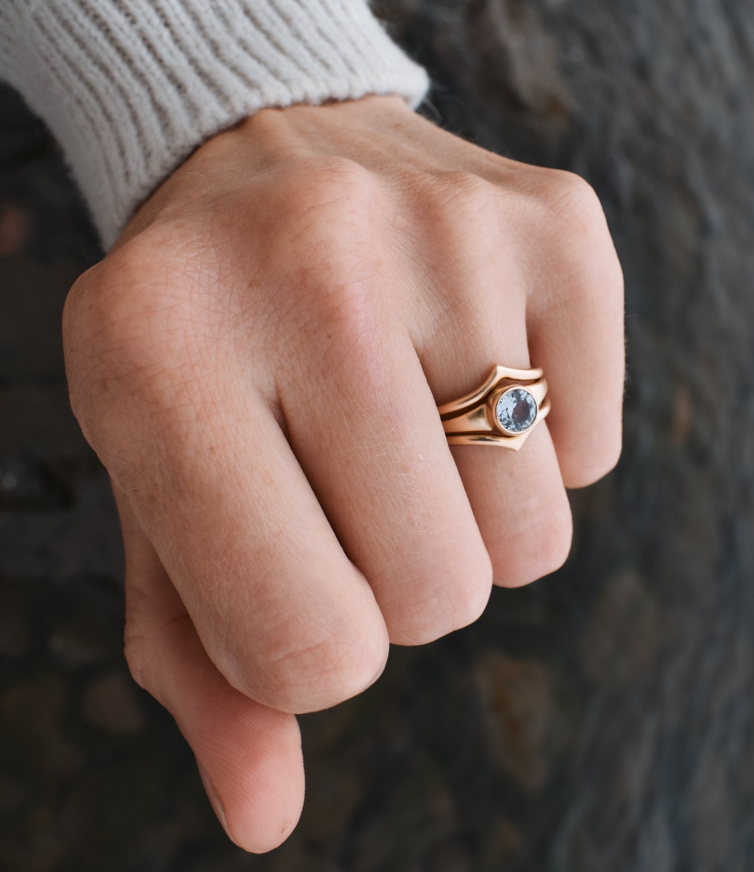 Freyja Trilogy ring stack - ethical jewelry, ethical bridal jewelry, sustainably sourced known origin, recycled gold, nature, inspired jewelry, ethical sapphires, natural sapphires