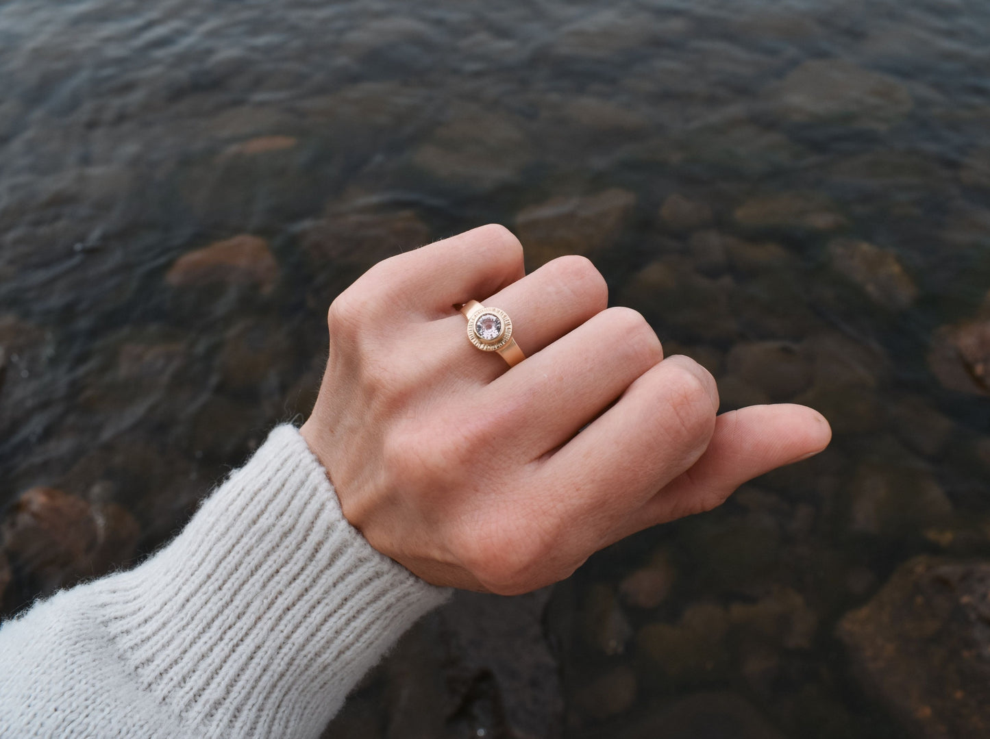 Sol Ring, pink sapphire solitaire, padparadscha sapphire ring, sun ring, celestial ring, ethical jewelry, ethical bridal jewelry, sustainably sourced known origin, recycled gold, nature, inspired jewelry, ethical sapphires, natural sapphires