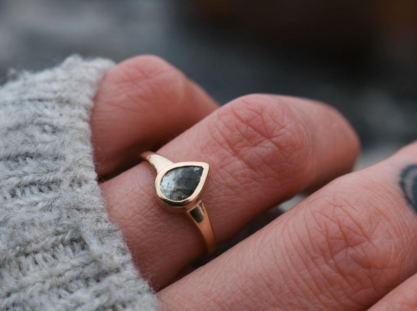 Green pear Montana sapphire engagement ring sapphire solitaire ring ethical bridal jewelry sustainably sourced  known origin recycled gold nature inspired jewelry ethical sapphires natural sapphires