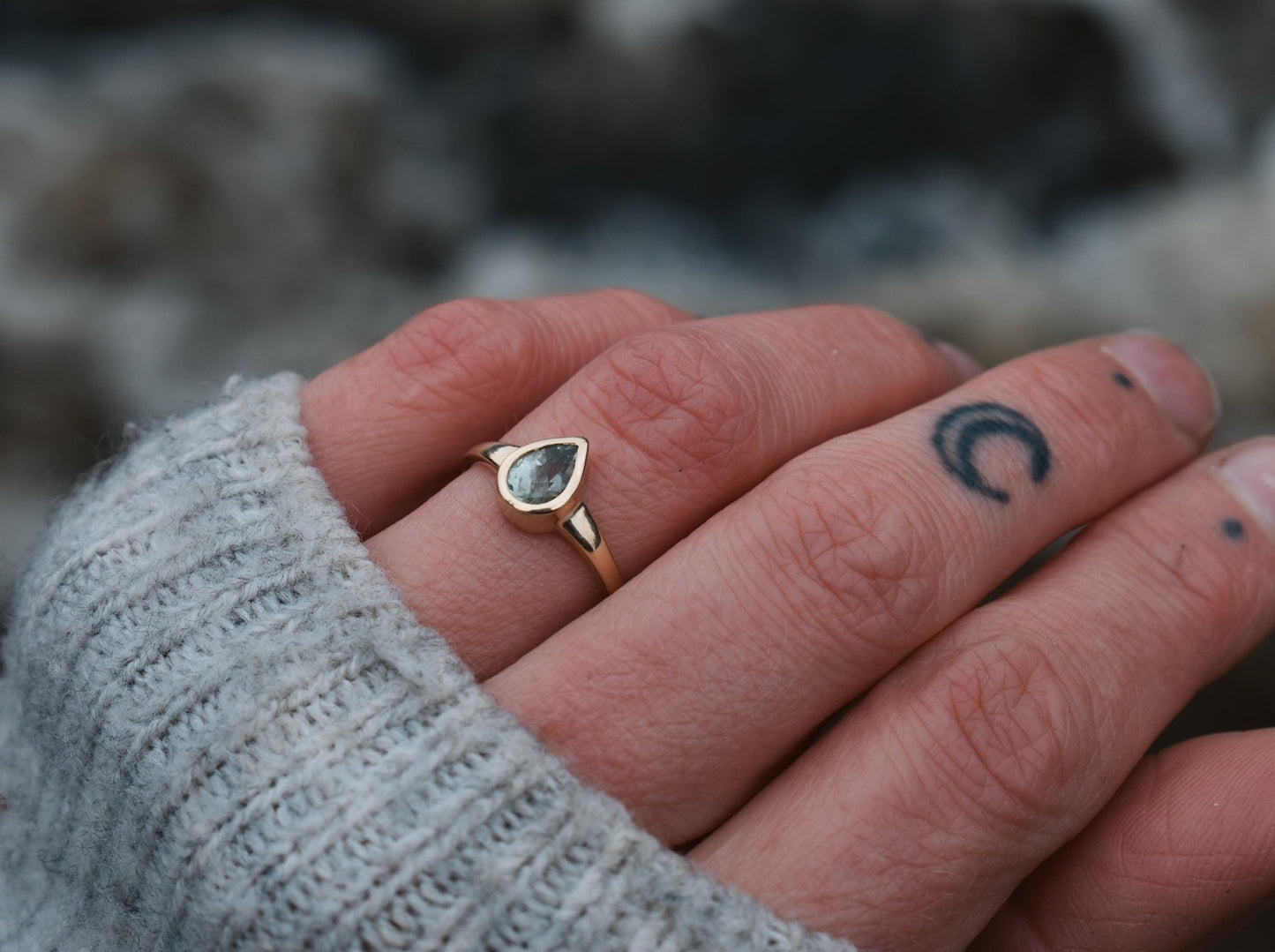 Green pear Montana sapphire engagement ring sapphire solitaire ring ethical bridal jewelry sustainably sourced  known origin recycled gold nature inspired jewelry ethical sapphires natural sapphires