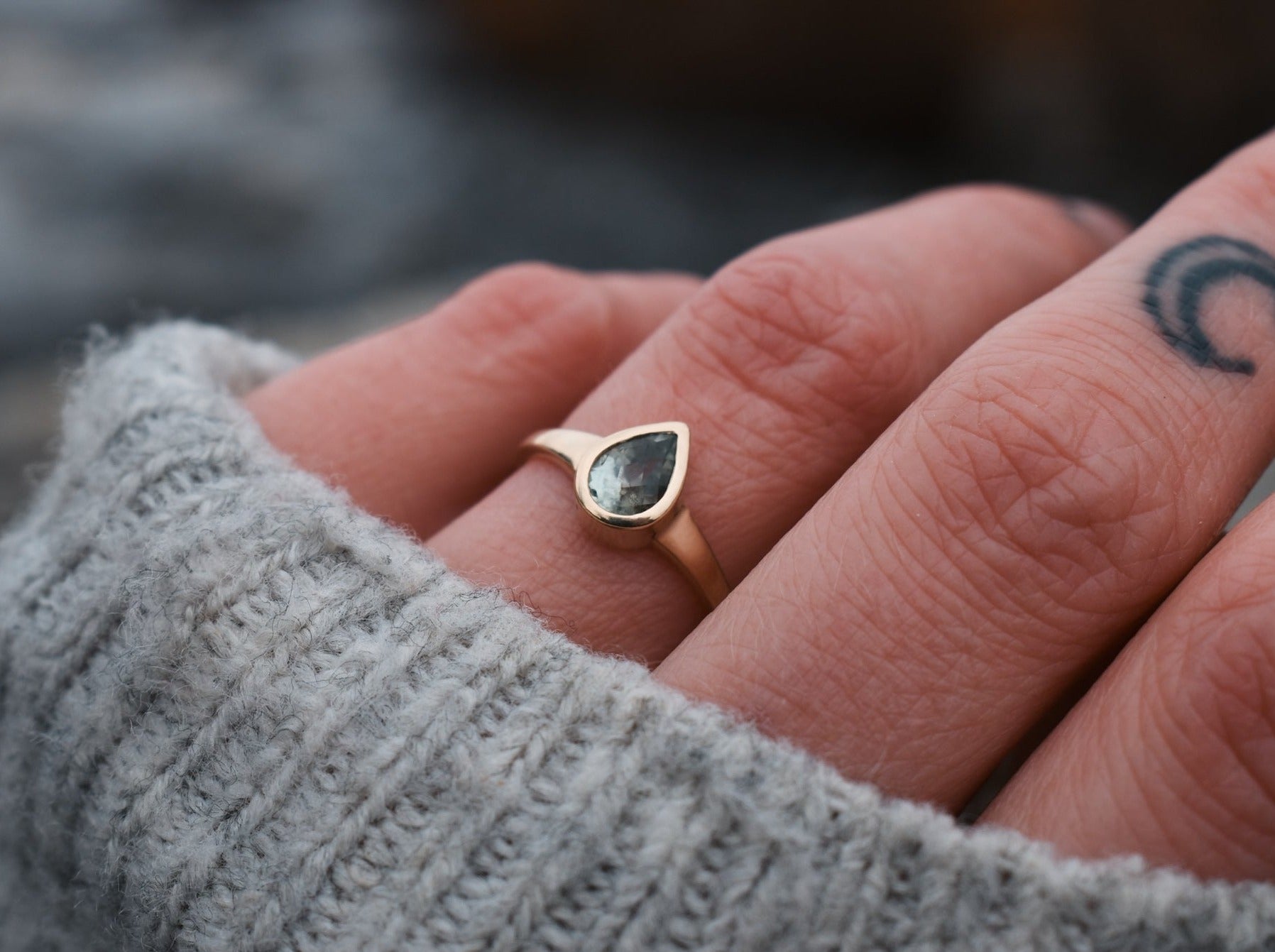 Green pear Montana sapphire engagement ring sapphire solitaire ring ethical bridal jewelry sustainably sourced  known origin recycled gold nature inspired jewelry ethical sapphires natural sapphires