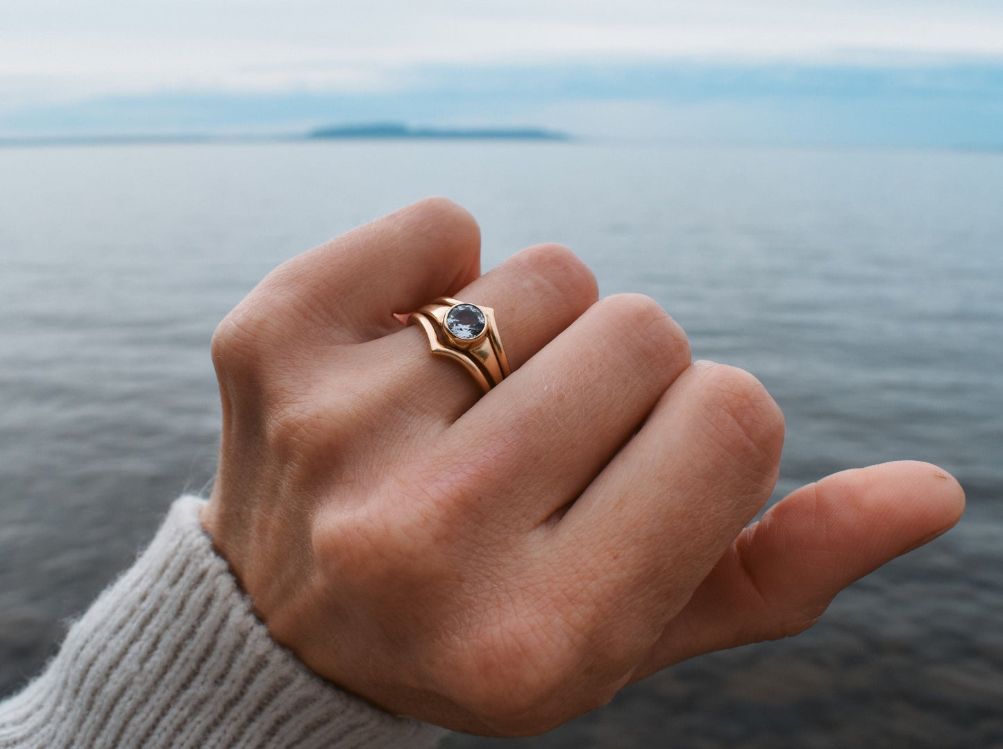 Round white Montana sapphire engagement ring sapphire solitaire ring ethical bridal jewelry sustainably sourced known origin recycled gold nature inspired jewelry ethical sapphires natural sapphires