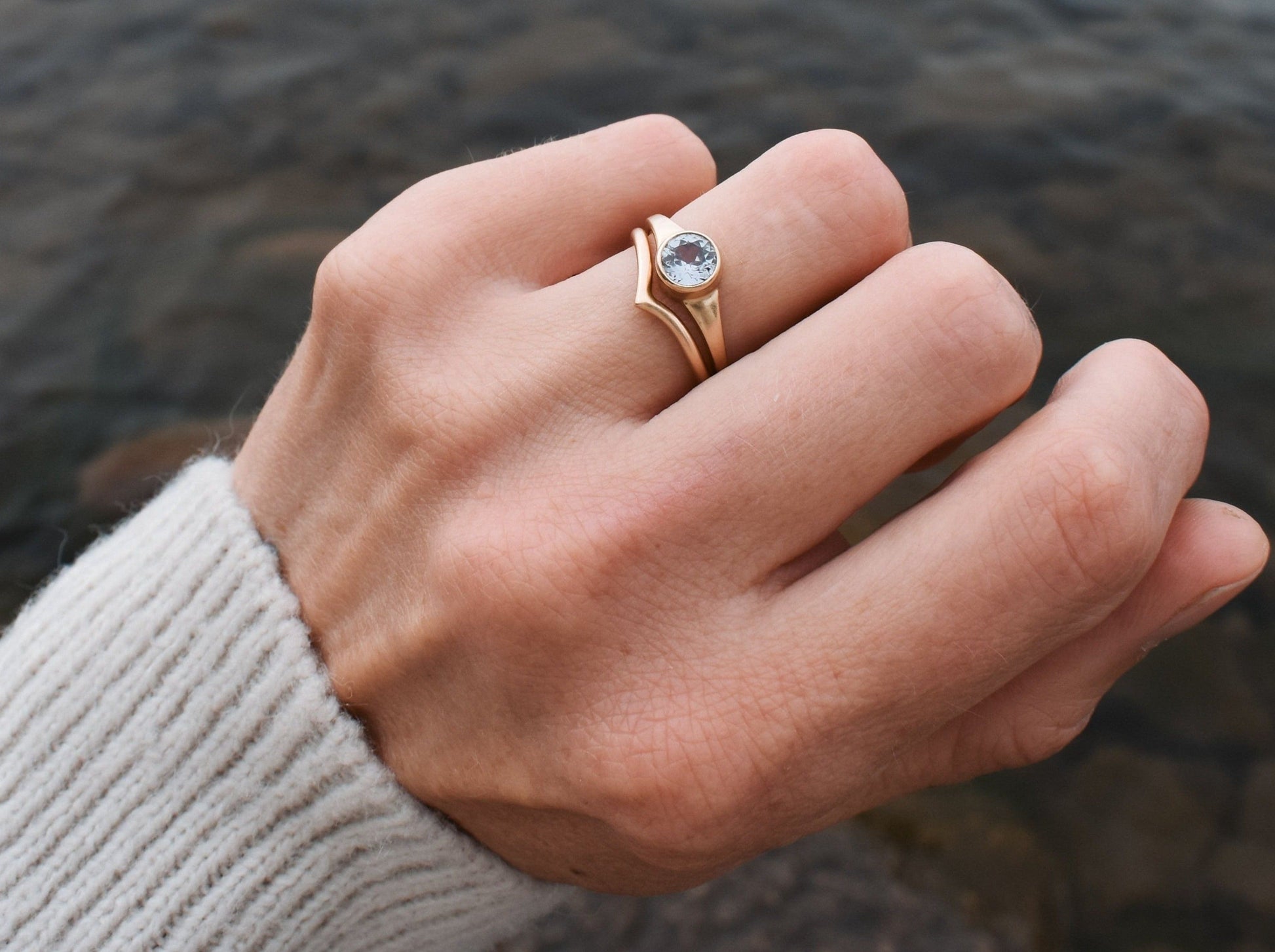 Round white Montana sapphire engagement ring sapphire solitaire ring ethical bridal jewelry sustainably sourced  known origin recycled gold nature inspired jewelry ethical sapphires natural sapphires