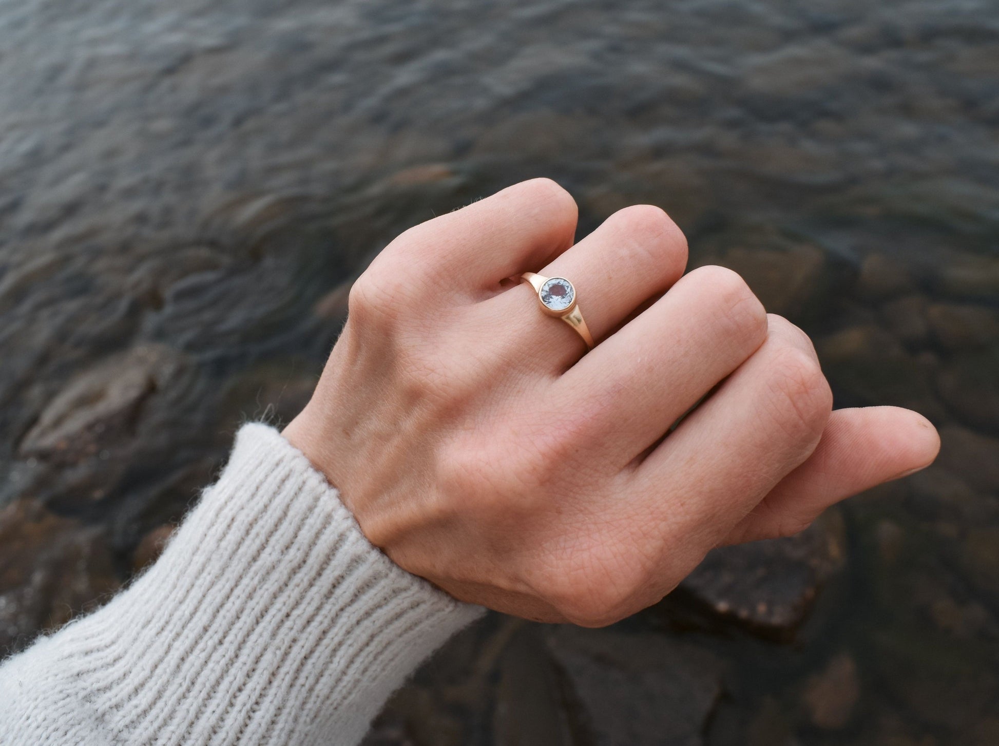 Round white Montana sapphire engagement ring sapphire solitaire ring ethical bridal jewelry sustainably sourced known origin recycled gold nature inspired jewelry ethical sapphires natural sapphires