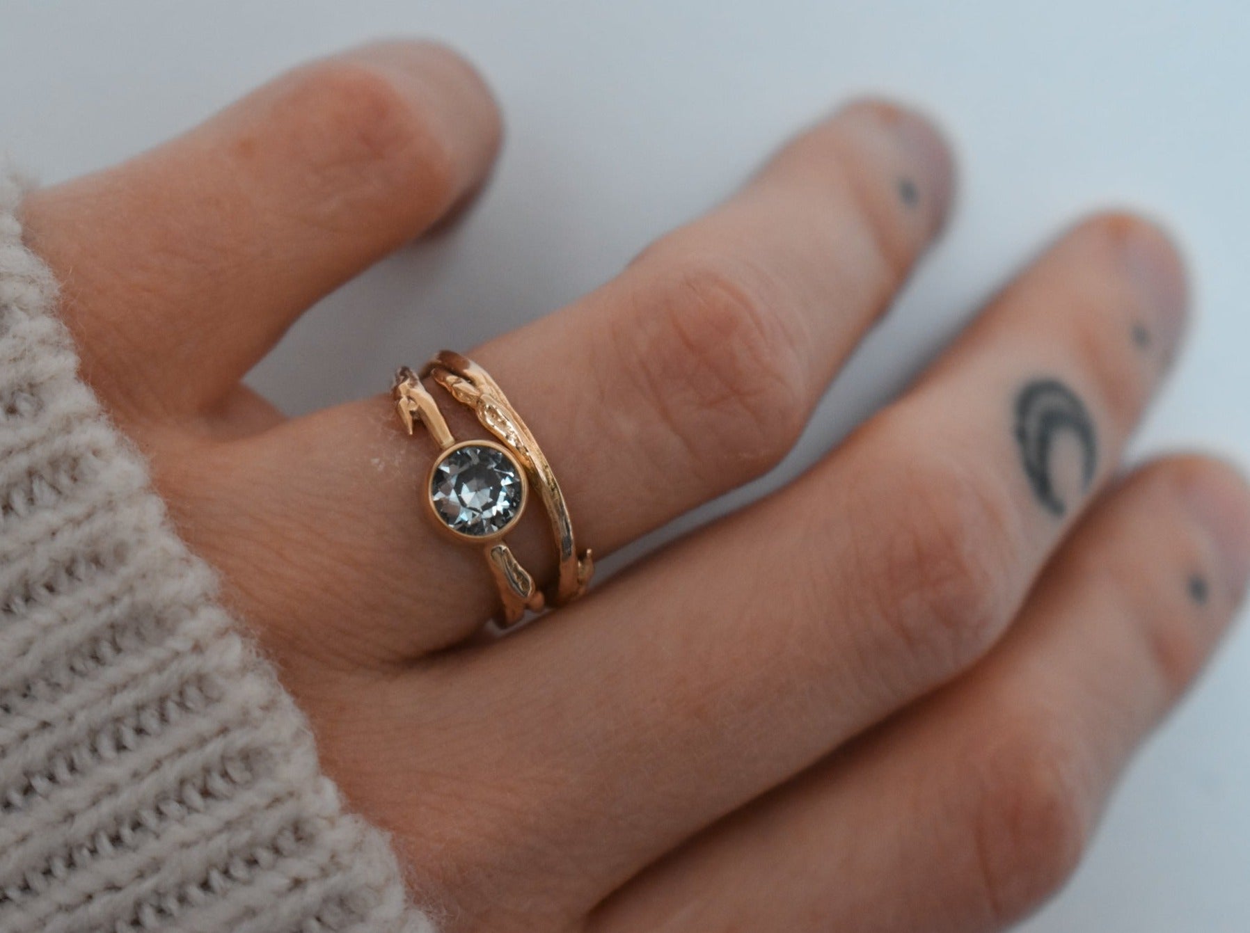 Persephone Aspen twig ring with Montana sapphire, blue sapphire solitaire, twig ring, ethical jewelry ethical bridal jewelry sustainably sourced  known origin recycled gold nature inspired jewelry ethical sapphires natural sapphires