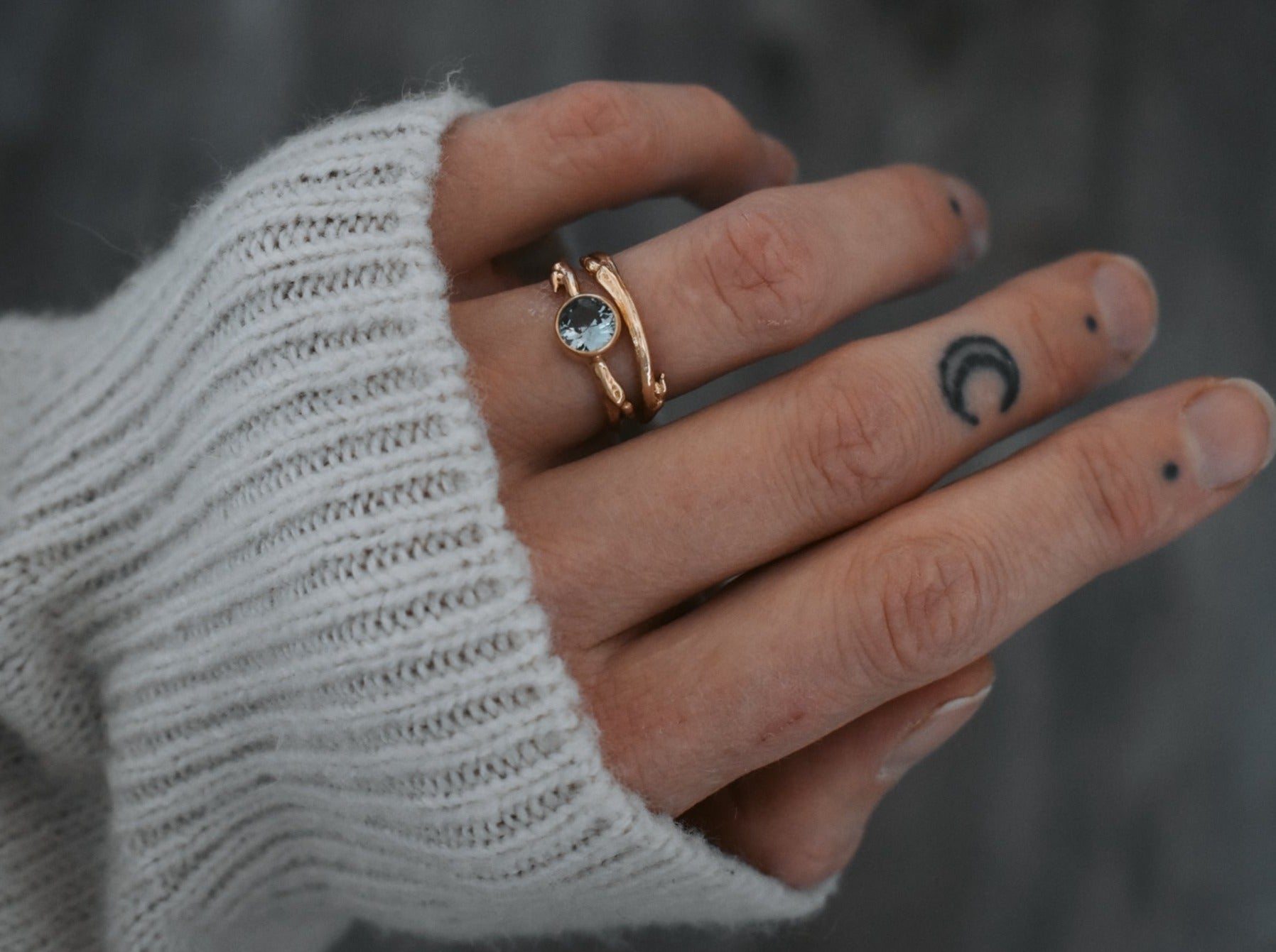 Persephone Aspen twig ring with Montana sapphire, blue sapphire solitaire, twig ring, ethical jewelry ethical bridal jewelry sustainably sourced known origin recycled gold nature inspired jewelry ethical sapphires natural sapphires