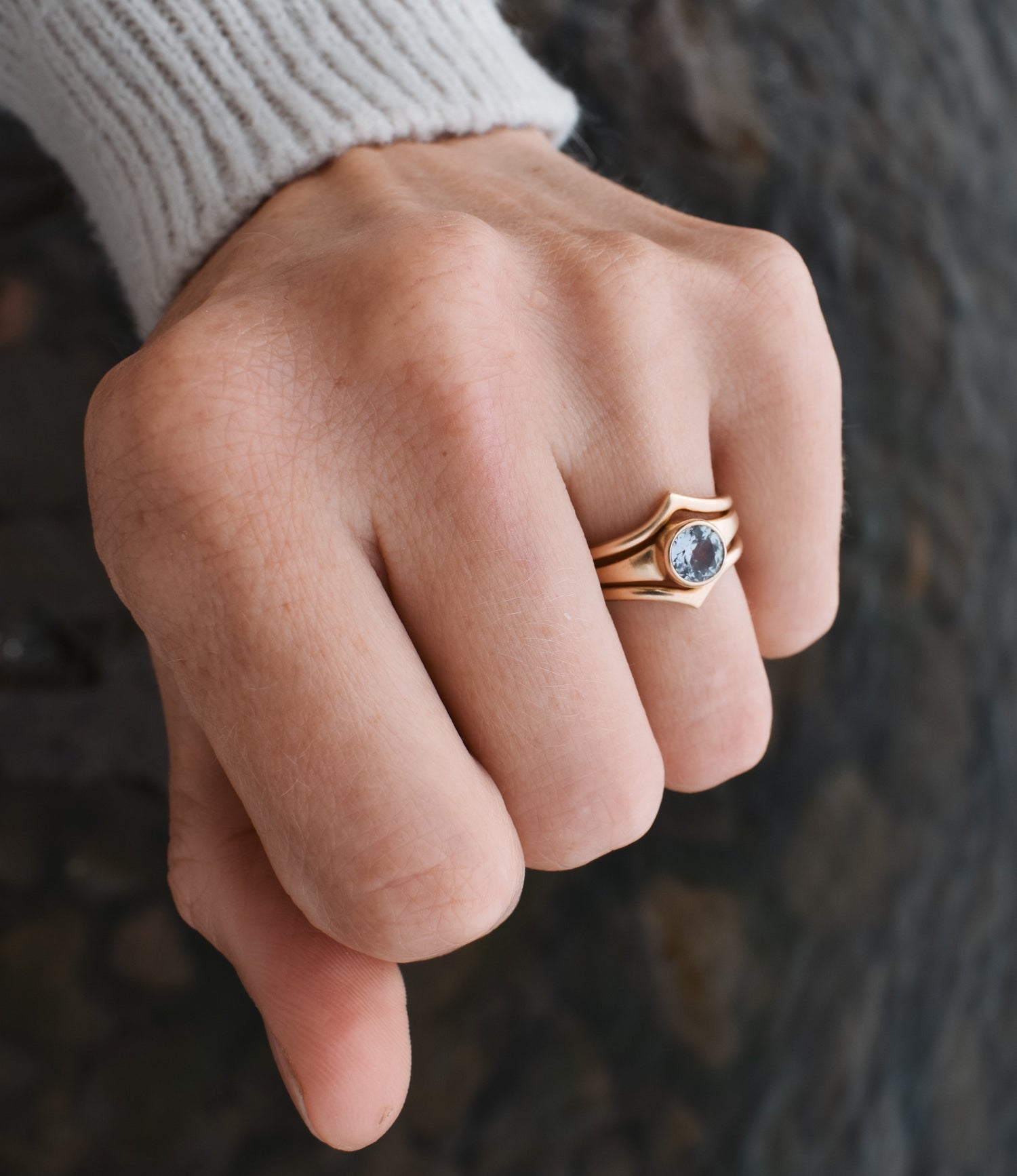 Freyja Trilogy ring stack - ethical jewelry, ethical bridal jewelry, sustainably sourced  known origin, recycled gold, nature, inspired jewelry, ethical sapphires, natural sapphires